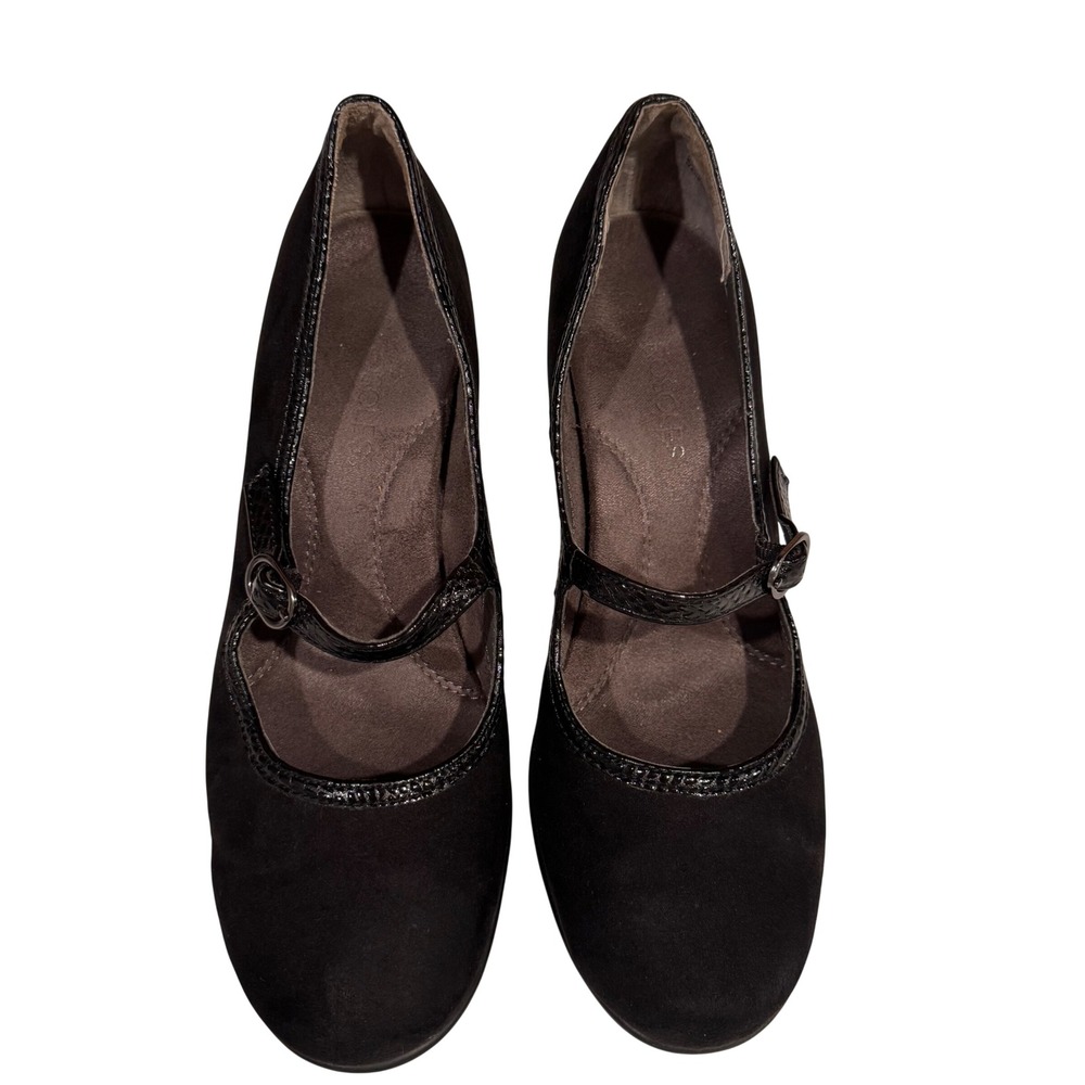 Aerosoles‎ Black Faux Suede Mary Jane Block Heel Pumps Textured Trim Sz 8.5